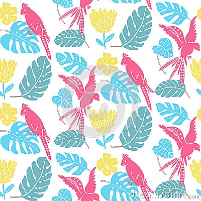Tropical pattern with hand drawn leaves, exotic flowers and parrots. Hawaiian seamless texture, bright fabric design Vector Illustration