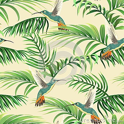 Tropical pattern with palm leaves and hummingbirds Vector Illustration