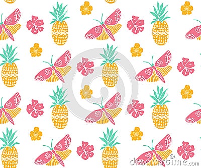 Tropical pattern with pineapple, flowers and butterfly. Pink, yellow and mint colors, diagonal direction. Summer textile Vector Illustration