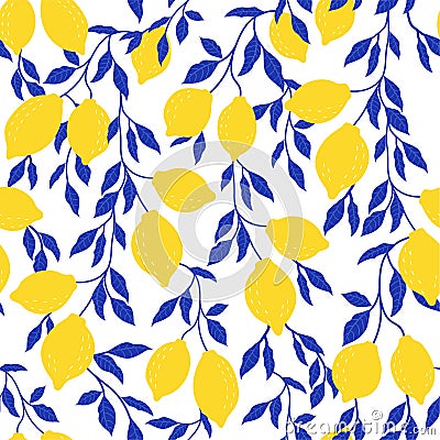 Tropical pattern with stylized lemons. Vector seamless texture. Vector Illustration