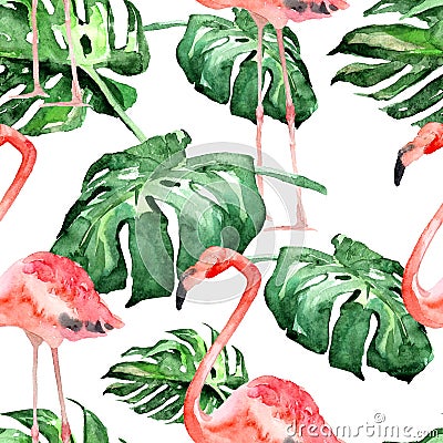 Watercolor Seamless Pattern. Hand Painted Illustration of Tropical Leaves and Flowers. Tropic Summer Motif with Tropical Pattern. Stock Photo