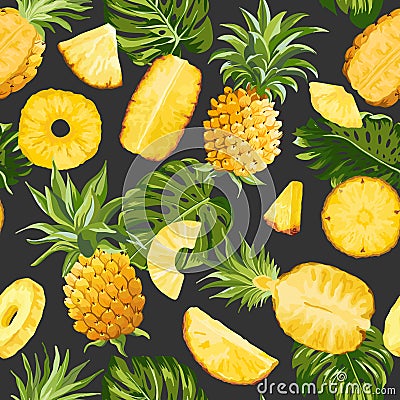 Tropical Pineapple Palm Leaves Vector Background, Exotic Fruit Seamless Texture, Tropic Jungle Pattern Vector Illustration