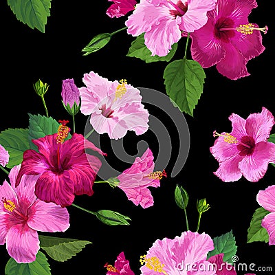 Tropical Pink Hibiscus Flower Seamless Pattern. Floral Summer Background for Fabric Textile, Wallpaper, Decor, Wrapping Vector Illustration