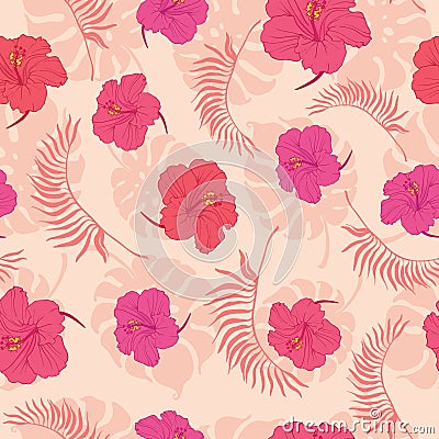 Tropical pink hibiscus flowers seamless pattern. Vector Illustration