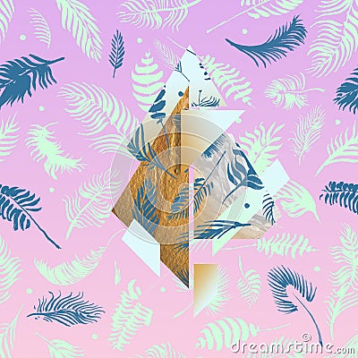 Tropical pink illustrations with geometric gold elements, watercolor palms, grey marble texture and collage effects for music cove Cartoon Illustration