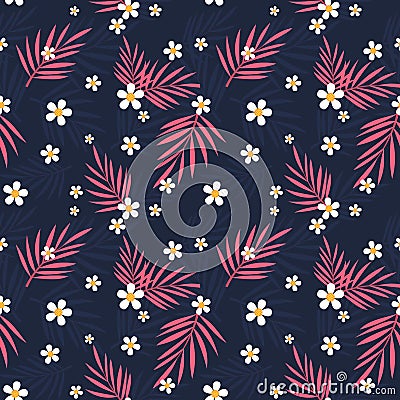 Tropical pink leaves and white flowers seamless pattern Vector Illustration