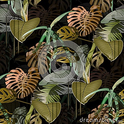 Tropical plant seamless pattern, green jungles leaves of palm tree and flowers allover design with background Stock Photo