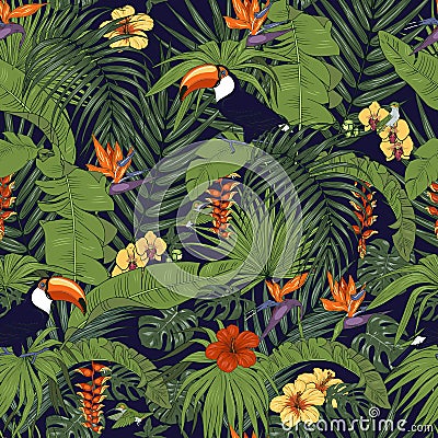 Tropical plants and birds seamless Vector Illustration
