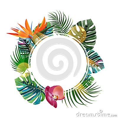 Tropical plants cicle design template. Bird of paradise, monstera, palm leaves composition with blan space. Vector Illustration