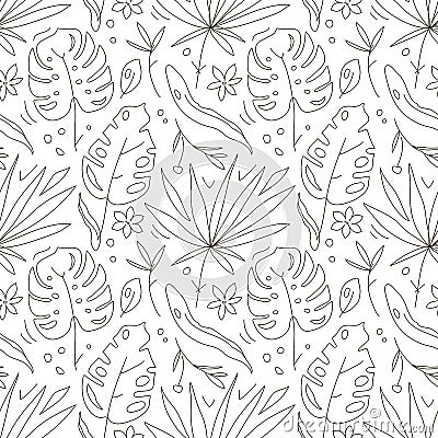 Tropical plants flat hand drawn seamless pattern. Natural cartoon texture. Organic botanical scandinavian illustrations. Vector Illustration