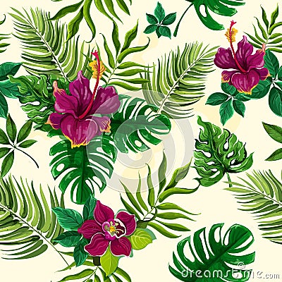 Tropical plants flowers seamless pattern Vector Illustration