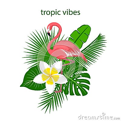 Tropical plants leaves flower arrangement with flamingo Vector Illustration