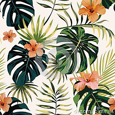 Tropical plants leaves flowers hibiscus seamless white backgroun Vector Illustration