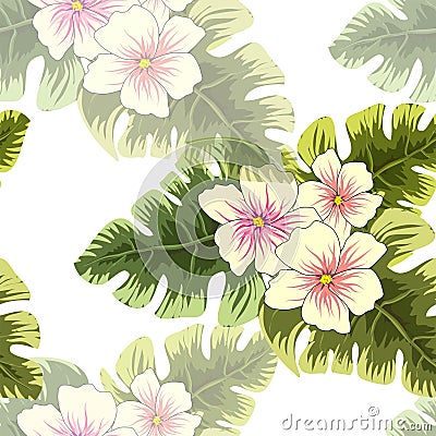 Tropical plants leaves and flowers. Seamless beach pattern on wite background wallpaper Vector Illustration