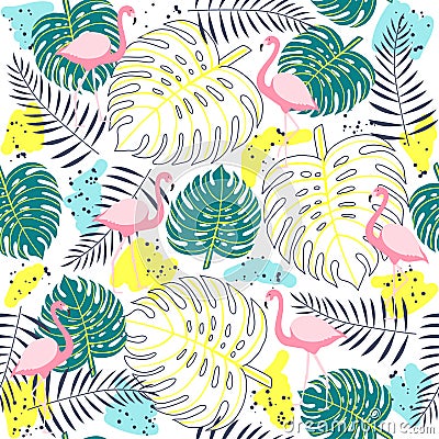 Tropical plants seamless pattern with flamingos. Vector Illustration