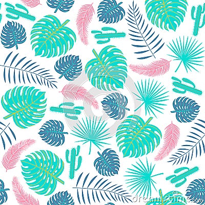 Tropical plants seamless pattern with leaves and cactuses. Vector Illustration