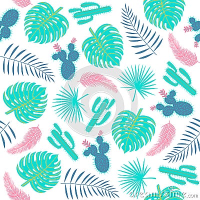 Tropical plants seamless pattern with leaves and cactuses. Vector Illustration