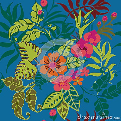 Tropical Plants Seamless Pattern, Tropical Jungel Leaves, Vines and FlowersOn Blue Stock Photo