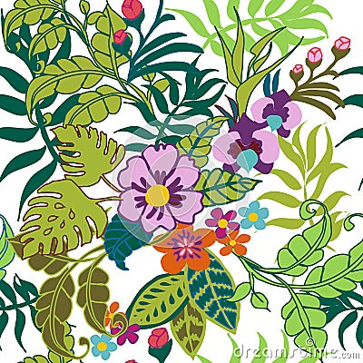 Tropical Plants Seamless Pattern, Tropical Flowers and Leaves on White Stock Photo