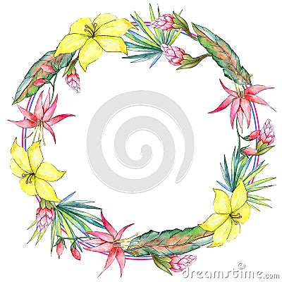 Tropical plants wreath in a watercolor style. Stock Photo