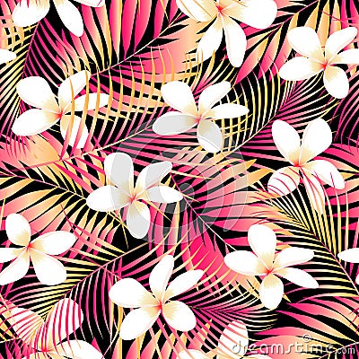 Tropical Plumeria with red and orange leaves seamless pattern Vector Illustration