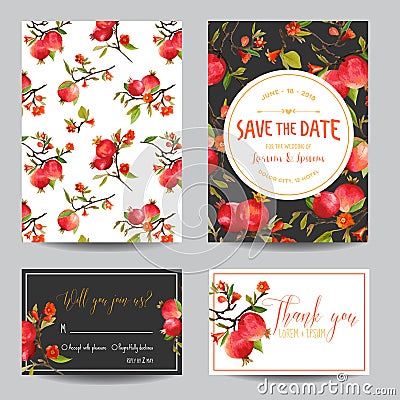 Tropical Pomegranates, Flowers and Leaves. Wedding Invitation Card Vector Illustration