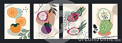 Tropical poster. Exotic fruits, whole and half jackfruit, dragon fruit and persimmon. Fresh juicy summer products on Vector Illustration