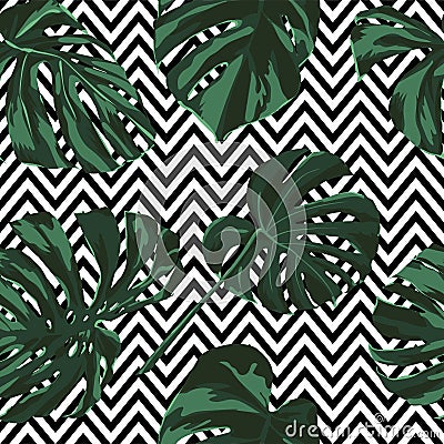 Tropical Print. Jungle Seamless Pattern. Vector Tropic Summer Motif with Hawaiian Flowers. Vector Illustration