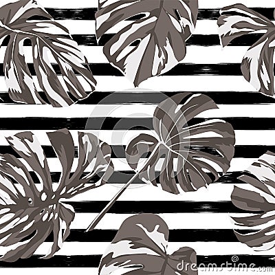 Tropical Print. Jungle Seamless Pattern. Vector Tropic Summer Motif with Hawaiian Flowers. Vector Illustration