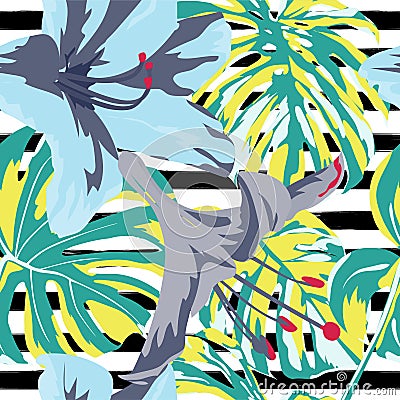 Tropical Print. Jungle Seamless Pattern. Vector Tropic Summer Motif with Hawaiian Flowers. Vector Illustration