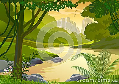 Tropical Rain-forest trees and fresh water stream Vector Illustration