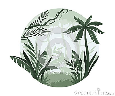 Tropical rainforest landscape with trees in mist. Monochrome jungle scene of round shape vector illustration Vector Illustration