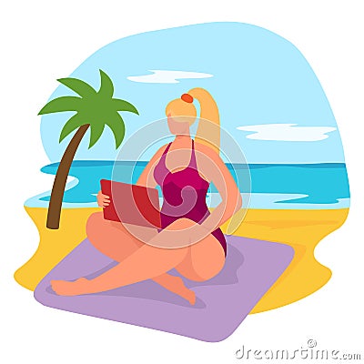 Tropical relaxation beach front side, cheerful vacation woman sitting hold gadget tablet flat vector illustration Cartoon Illustration