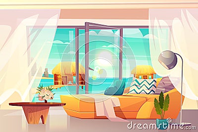 Tropical resort hotel room interior cartoon vector Vector Illustration