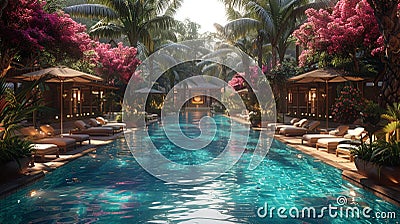 Tropical resort pool area with cabanas and a swim-up bar3D render Stock Photo