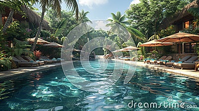 Tropical resort pool area with cabanas and a swim-up bar3D render Stock Photo