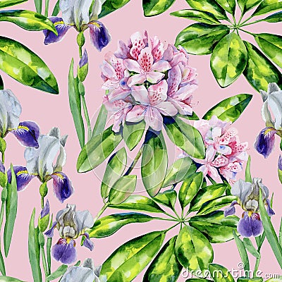 Tropical rhododendron flowers and iris pattern Stock Photo