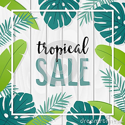 Tropical sale template or banner with hand drawn palm leaves and white wooden background. Summer design. Business Vector Illustration