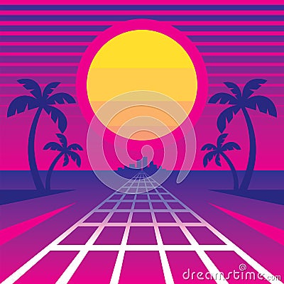 Tropical sanset and way to city - concept vector illustration in retro style of synth wave music `80 s. Abstract sci-fi retro Vector Illustration