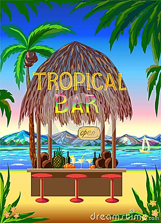 Tropical scenic beach bar background. Vector Illustration