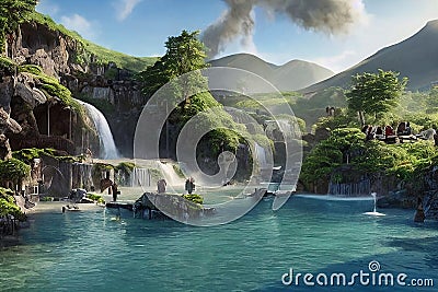 Tropical sea beach with mountain view, fountain, and sunshine sky, landscape, Outdoor vacation place, generative ai Stock Photo