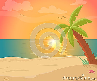 Tropical sea island with palm trees and sun Vector Illustration