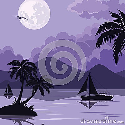 Tropical sea landscape with moon and palm Vector Illustration