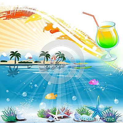 Tropical sea theme background with cocktail and text area Vector Illustration