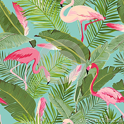 Tropical Seamless Flamingo and Floral Summer Pattern. For Wallpapers, Backgrounds, Textures, Textile, Cards. Vector Illustration