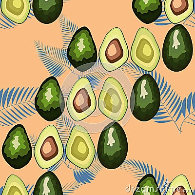 Tropical seamless pattern with avocado and leaves Stock Photo