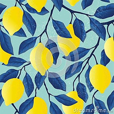 Tropical seamless pattern with bright yellow lemons. Vector Illustration