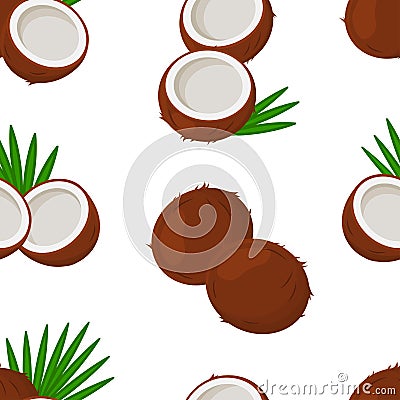 Tropical seamless pattern with coconuts and leaves palm tree isolated on white background. Vector Cartoon Illustration