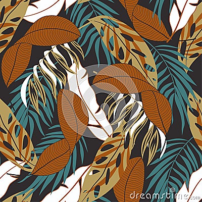 Tropical seamless pattern with colorful and bright plants and leaves. Jungle leaf seamless vector floral pattern background. Stock Photo