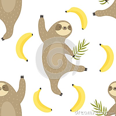 Tropical seamless pattern with dancing sloths Vector Illustration